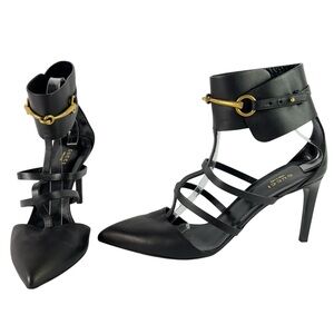 GUCCI Black Leather Ursula Ankle Wrap Cage Pumps Horsebit Sandals 41 - 11US